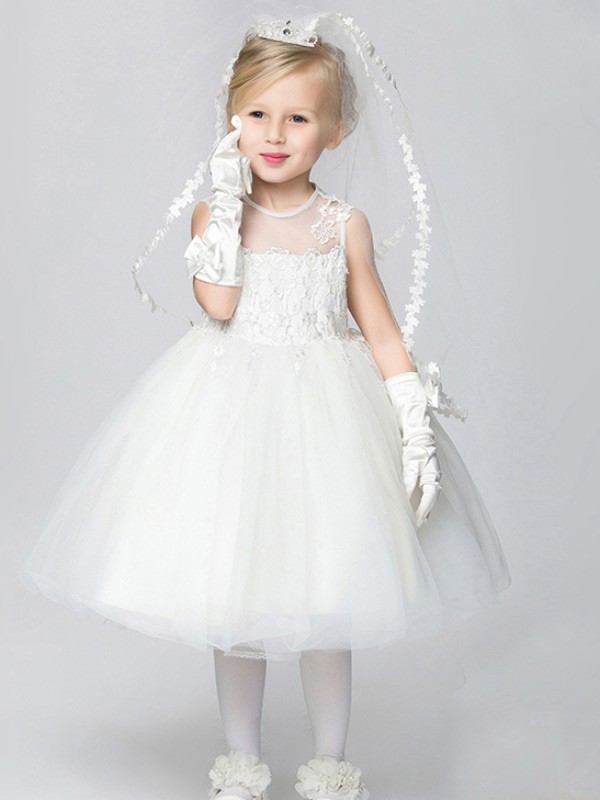 Pure White Lace Tulle Ball Gown Flower Girl Dress in Tea Length #EFF11 ...