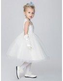 Pure White Lace Tulle Ball Gown Flower Girl Dress in Tea Length