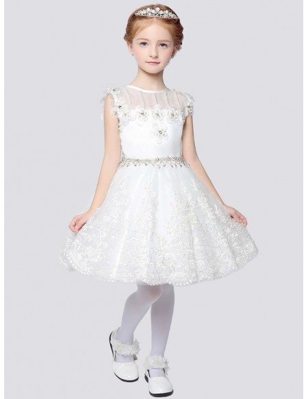 Ball Gown Short Lace Flower Girl Dress with Rhinestone Waist