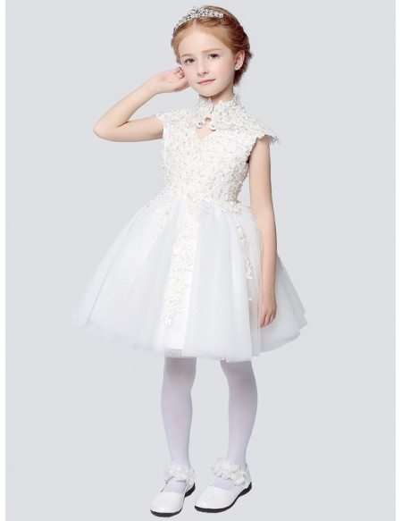 Vintage Cap Sleeve Short Lace Ballroom Flower Girl Dress with Collar
