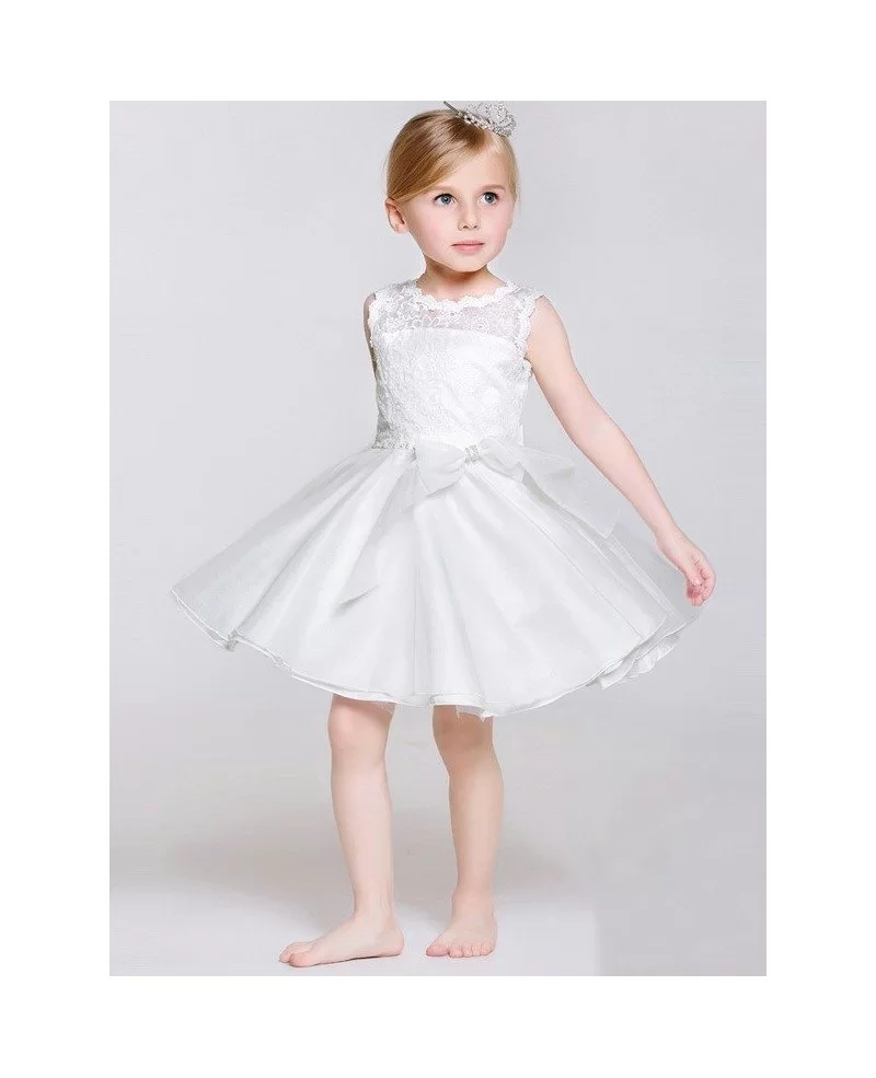 Short White Buttons Bow Flower Girl Dress with Lace Bodice #EFF15 ...