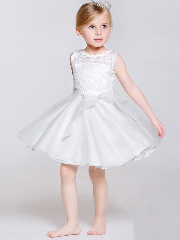 Short White Buttons Bow Flower Girl Dress with Lace Bodice #EFF15 ...