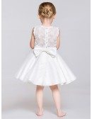 Short White Buttons Bow Flower Girl Dress with Lace Bodice