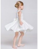 Short White Buttons Bow Flower Girl Dress with Lace Bodice