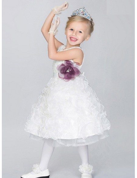 Knee Length Beaded Bubble Flower Girl Dress with Sash