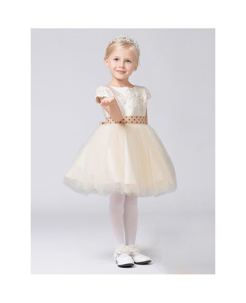 Modest Cap Sleeve Short Tulle Lace Flower Girl Dress with Dotted Sash # ...