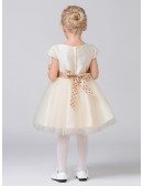 Modest Cap Sleeve Short Tulle Lace Flower Girl Dress with Dotted Sash