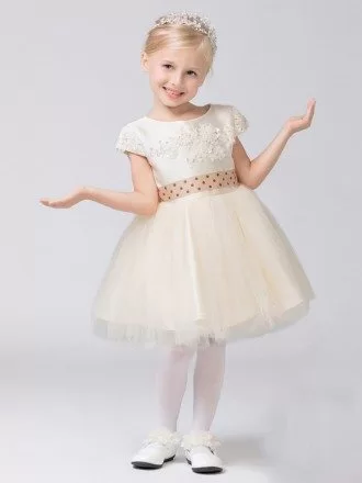 Modest Cap Sleeve Short Tulle Lace Flower Girl Dress with Dotted Sash
