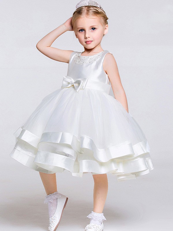Tea Length Ball Gown Layered Tulle Satin Pageant Dress with Beaded Neck ...