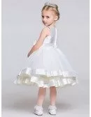 Tea Length Ball Gown Layered Tulle Satin Pageant Dress with Beaded Neck