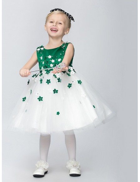 Little Girl's White and Green Satin Tulle Party Dress with Floral