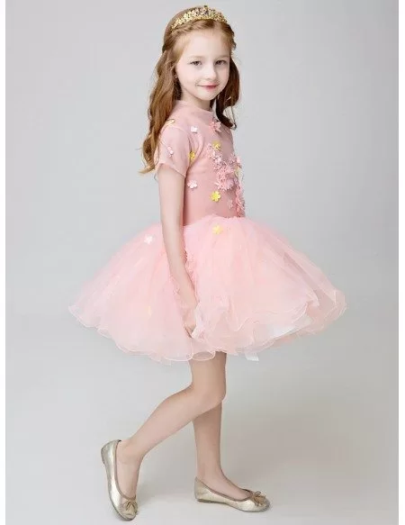 Little Girl's Vintage Pink Tutu Party Dress with Short Sleeves