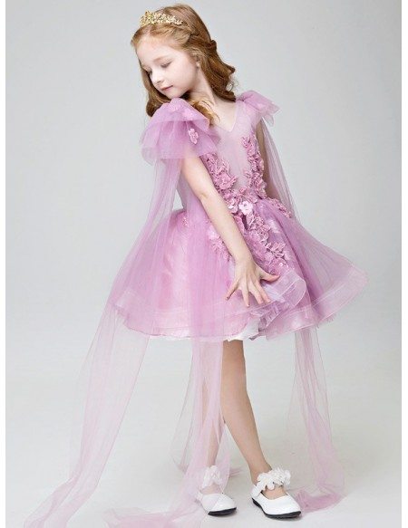 Lavender Tulle Lace Tutu Pageant Dress with Sleeves