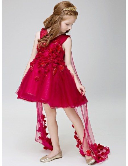 Hot Red Short Flowers Beaded Fairy Pageant Dress for Little Girls