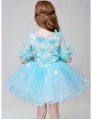 Fairy Blue Short Sleeved Floral Tulle Pageant Dress for Little Girls