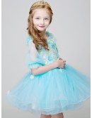 Fairy Blue Short Sleeved Floral Tulle Pageant Dress for Little Girls