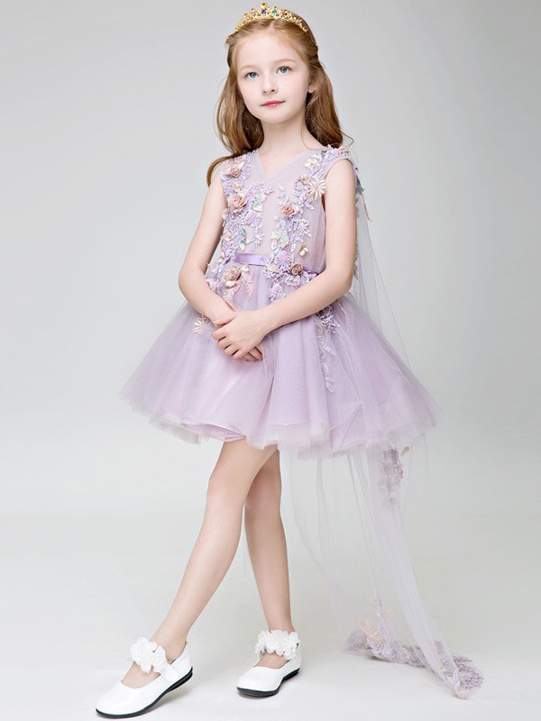 Short Lavender Lace Floral Fairy Pageant Dress with Train #EFF25 ...
