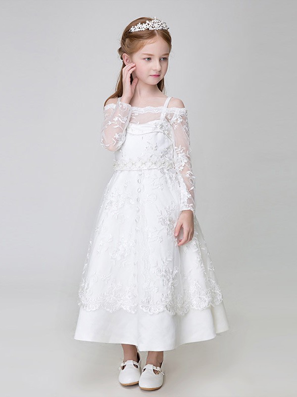 Ankle Length Whole Lace White Flower Girl Dress with Long Sleeves # ...