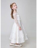 Ankle Length Whole Lace White Flower Girl Dress with Long Sleeves