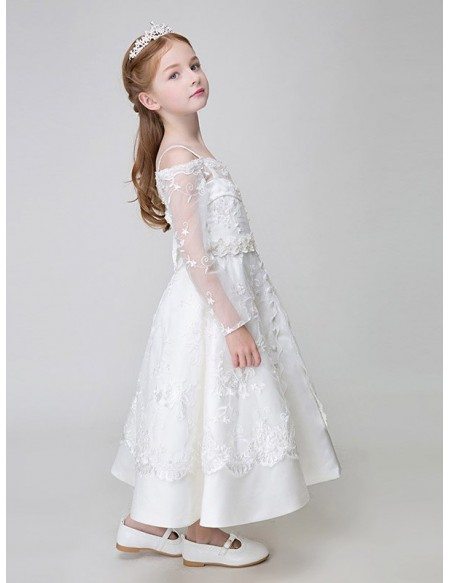 Ankle Length Whole Lace White Flower Girl Dress with Long Sleeves