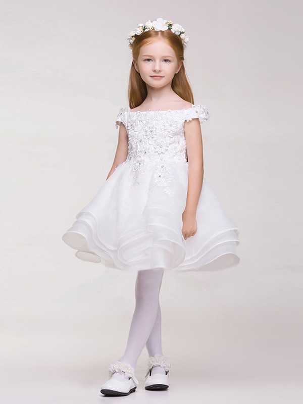 Cap Sleeves White Lace Beaded Tutu Flower Girl Dress #EFD03 - GemGrace.com