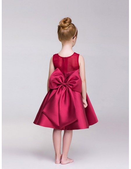 Hot Red Satin Short Flower Girl Dress with Bow Back