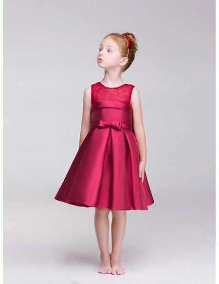 Hot Red Satin Short Flower Girl Dress with Bow Back #EFD05 - GemGrace.com