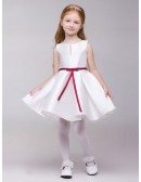 Simple A Line Satin Short Flower Girl Dress White with Red Sash