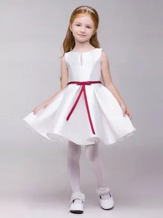 Simple A Line Satin Short Flower Girl Dress White with Red Sash