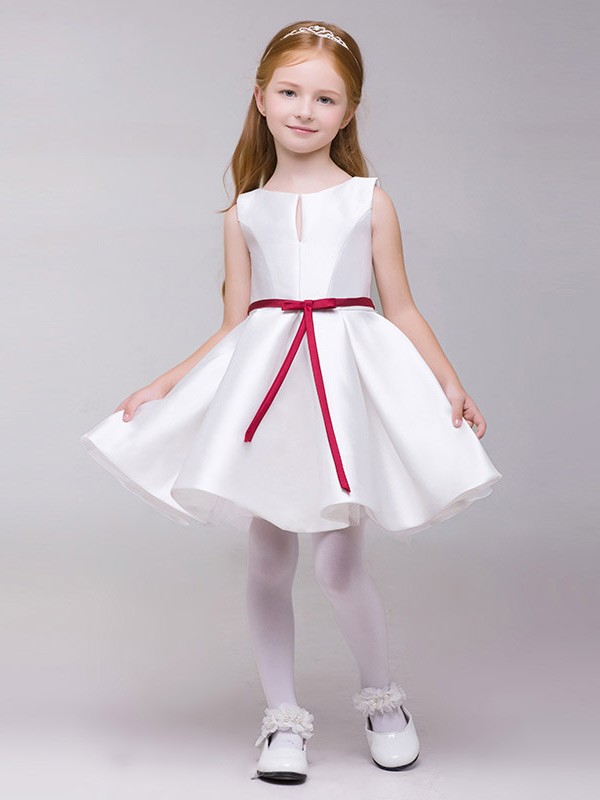 Simple A Line Satin Short Flower Girl Dress White with Red Sash #EFD06 - GemGrace.com Simple A Line Satin Short Flower Girl Dress White with Red Sash #EFD06 - GemGrace.com