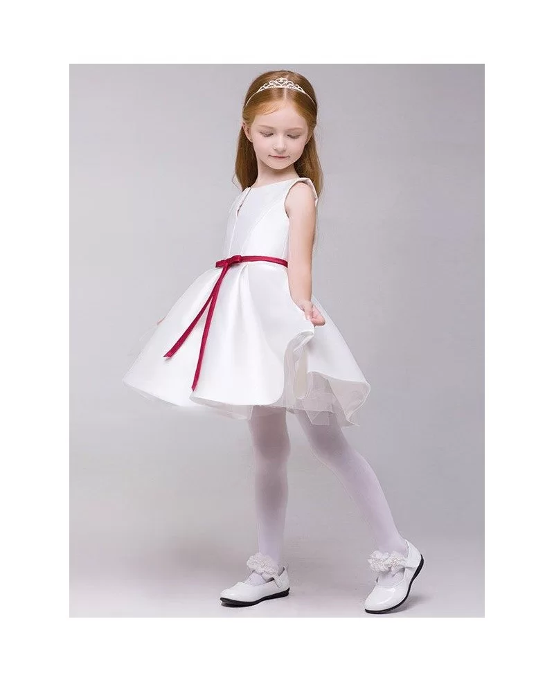 Simple A Line Satin Short Flower Girl Dress White with Red Sash #EFD06 ...