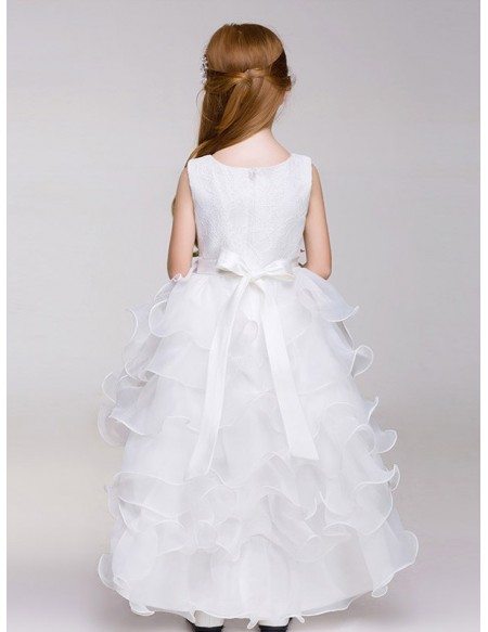 High Low White Lace Beaded Flower Girl Dress in Cascading Style