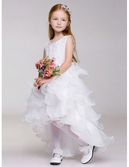 High Low White Lace Beaded Flower Girl Dress in Cascading Style