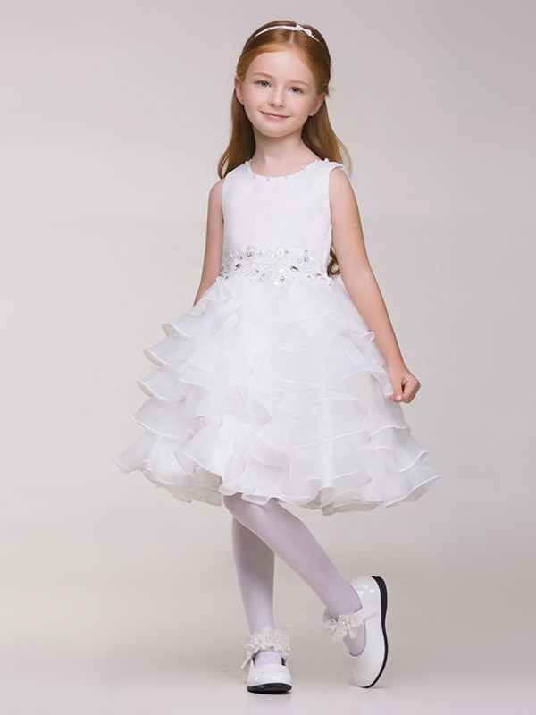 Knee Length Tiered Organza Beaded Bow Pageant Dress for Little Girls # ...