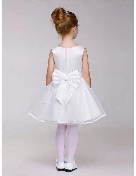 Plain White Satin and Tulle Short Flower Girl Dress with Bow Sash