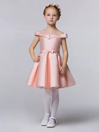 Simple Cute Pink Taffeta Cap Sleeve Flower Girl Dress with Buttons