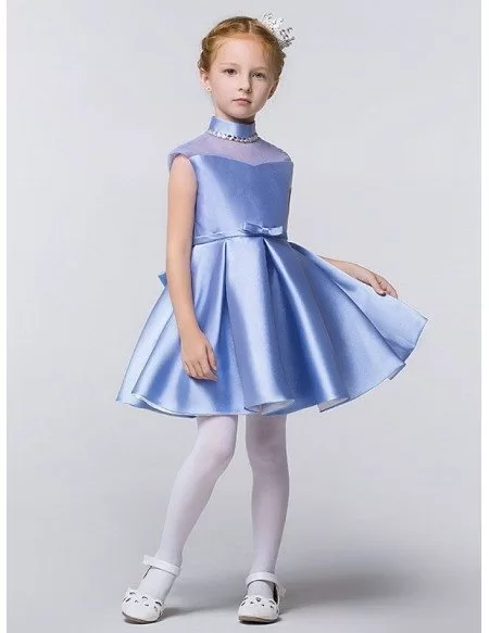 Little Girl's Modest Collared Blue Pageant Dress with Sheer Top