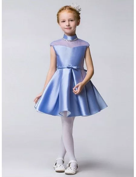 Little Girl's Modest Collared Blue Pageant Dress with Sheer Top