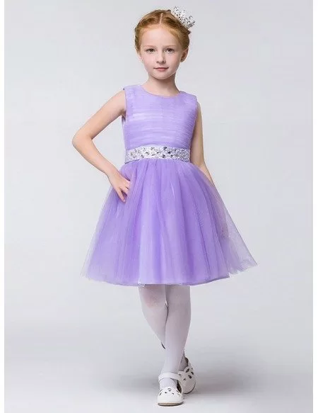 Lavender Crystals Tulle Ballroom Flower Girl Dress in Knee Length