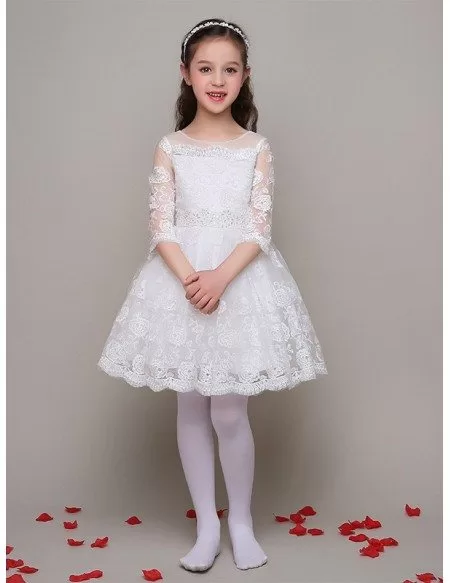 All Lace A Line Short Beaded Flower Girl Dress with 3/4 Sleeves #EFL01 ...