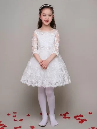 All Lace A Line Short Beaded Flower Girl Dress with 3/4 Sleeves