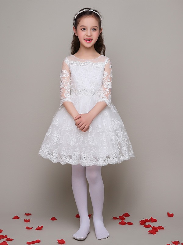 All Lace A Line Short Beaded Flower Girl Dress with 3/4 Sleeves #EFL01 ...