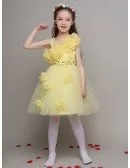 Pretty Yellow Tulle Beaded Short Pageant Dress with Handmade Flowers