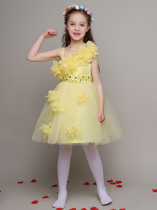 Pretty Yellow Tulle Beaded Short Pageant Dress with Handmade Flowers # ...