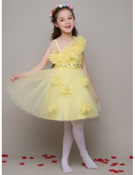 Pretty Yellow Tulle Beaded Short Pageant Dress with Handmade Flowers