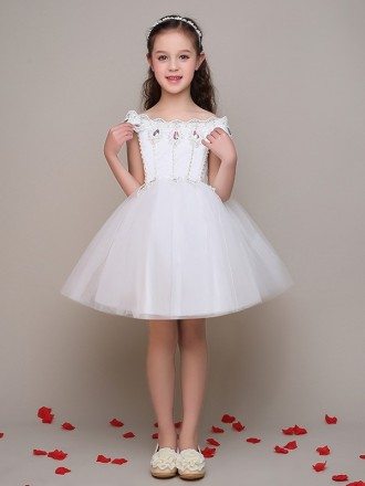 Cap Sleeve Tulle Lace Short Flower Girl Dress with Crystals Beading