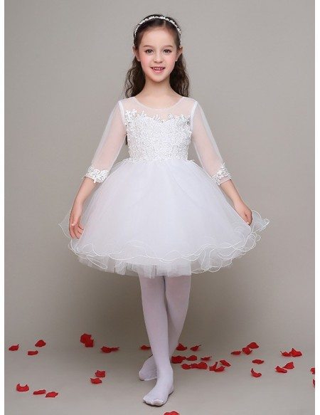 Short Ball Gown Tulle Lace Flower Girl Dress with 3/4 Sleeves