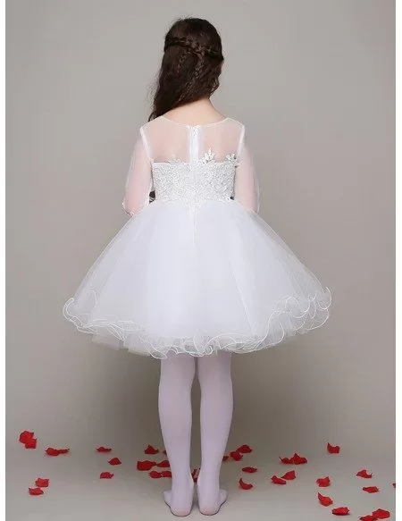 Short Ball Gown Tulle Lace Flower Girl Dress with 3/4 Sleeves