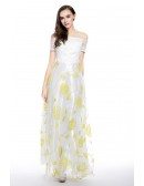 White and Yellow A-line Off-the-shoulder Floor-length Prom Dress With Lace