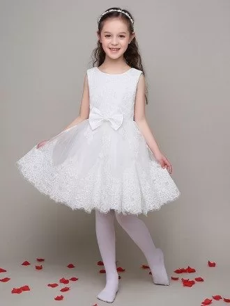 Sleeveless Whole Lace Short White Flower Girl Dress with Bows